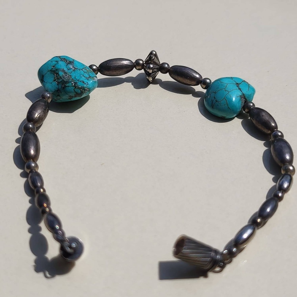 Vintage Turquoise Sterling Silver Melon Bead Bracelet Blue Southwestern - Picture 6 of 10